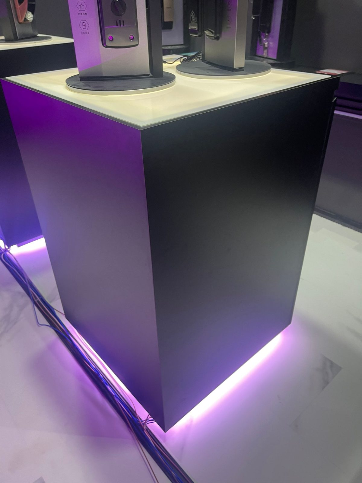 Close view of a custom display cabinet with internal lighting